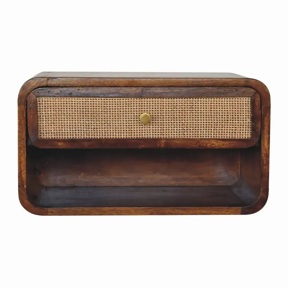 Night tables - Artisan Furniture Solid Wood Chestnut Wall Mounted Open Woven Nightstand, 1 Drawer, 1 Shelf, Dark Brown - ARTISAN FURNITURE