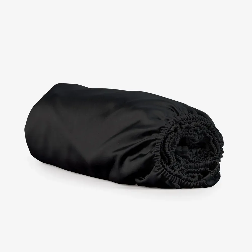Linge de lit - Drap-housse en satin, 160x200x25, noir - DILIOS