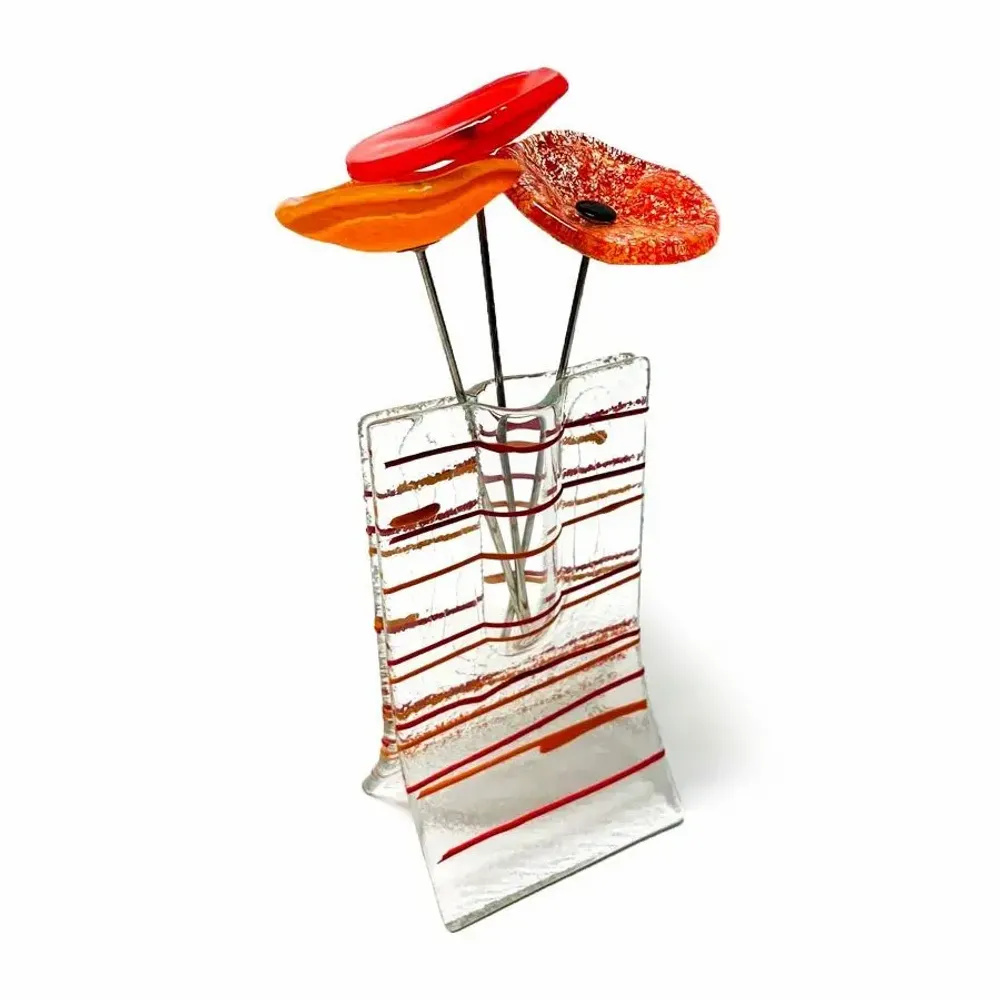 Vases - Petit vase transparent à rayures rouge-orange avec des fleurs - CARNEOL GLASS