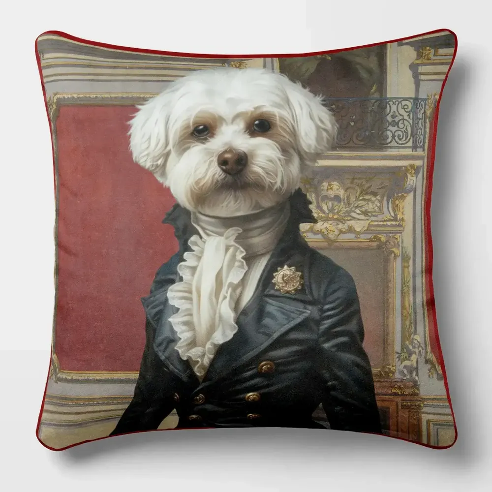 Linge - Bestiaire Aristocratique 13 (Le Vicomte Bichon) — Housse Coussin Velours 45cm x 45cm - LAURE WELFLING - DJEBELI