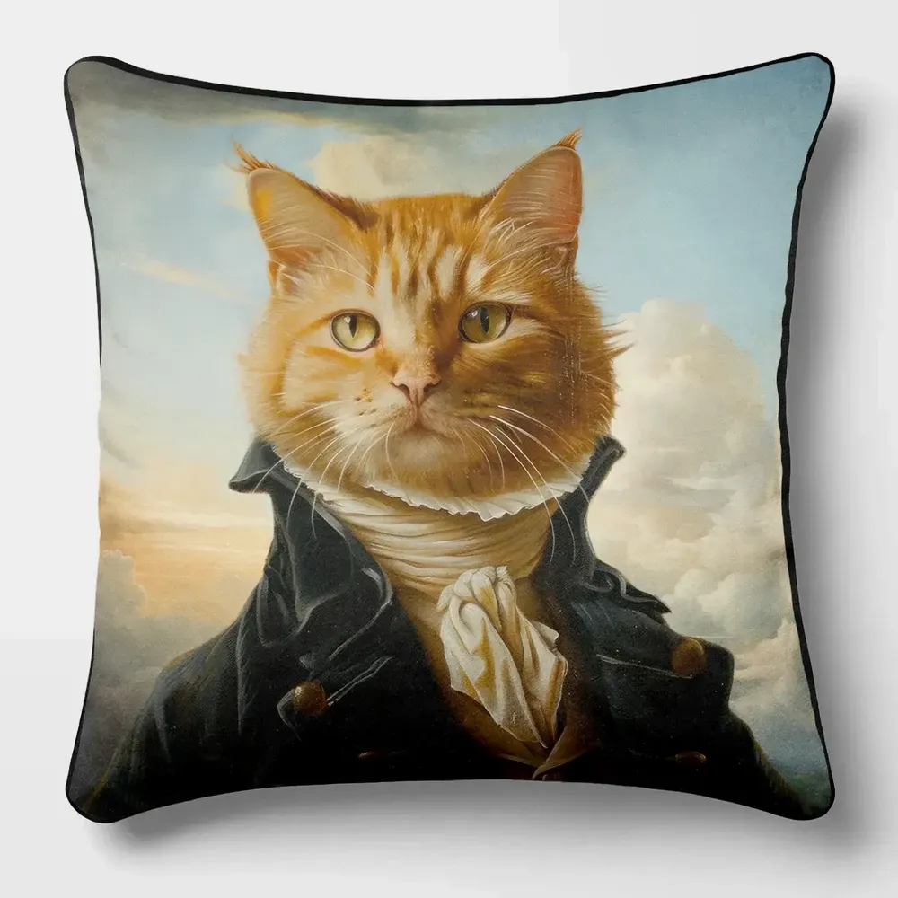Linge - Bestiaire Aristocratique 18 (Monsieur Du Chat) — Housse Coussin Velours 45cm x 45cm - LAURE WELFLING - DJEBELI