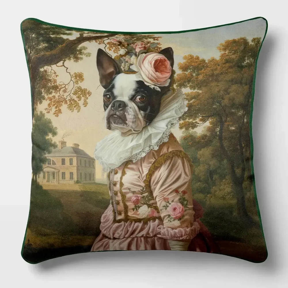 Linge - Bestiaire Aristocratique 22 (La Baronne de Boston Terrier) — Housse Coussin Velours 45cm x 45cm - LAURE WELFLING - DJEBELI