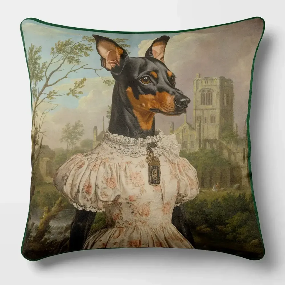 Linge - Bestiaire Aristocratique 24 (La Vicomtesse de Pinscher) — Housse Coussin Velours 45cm x 45cm - LAURE WELFLING - DJEBELI