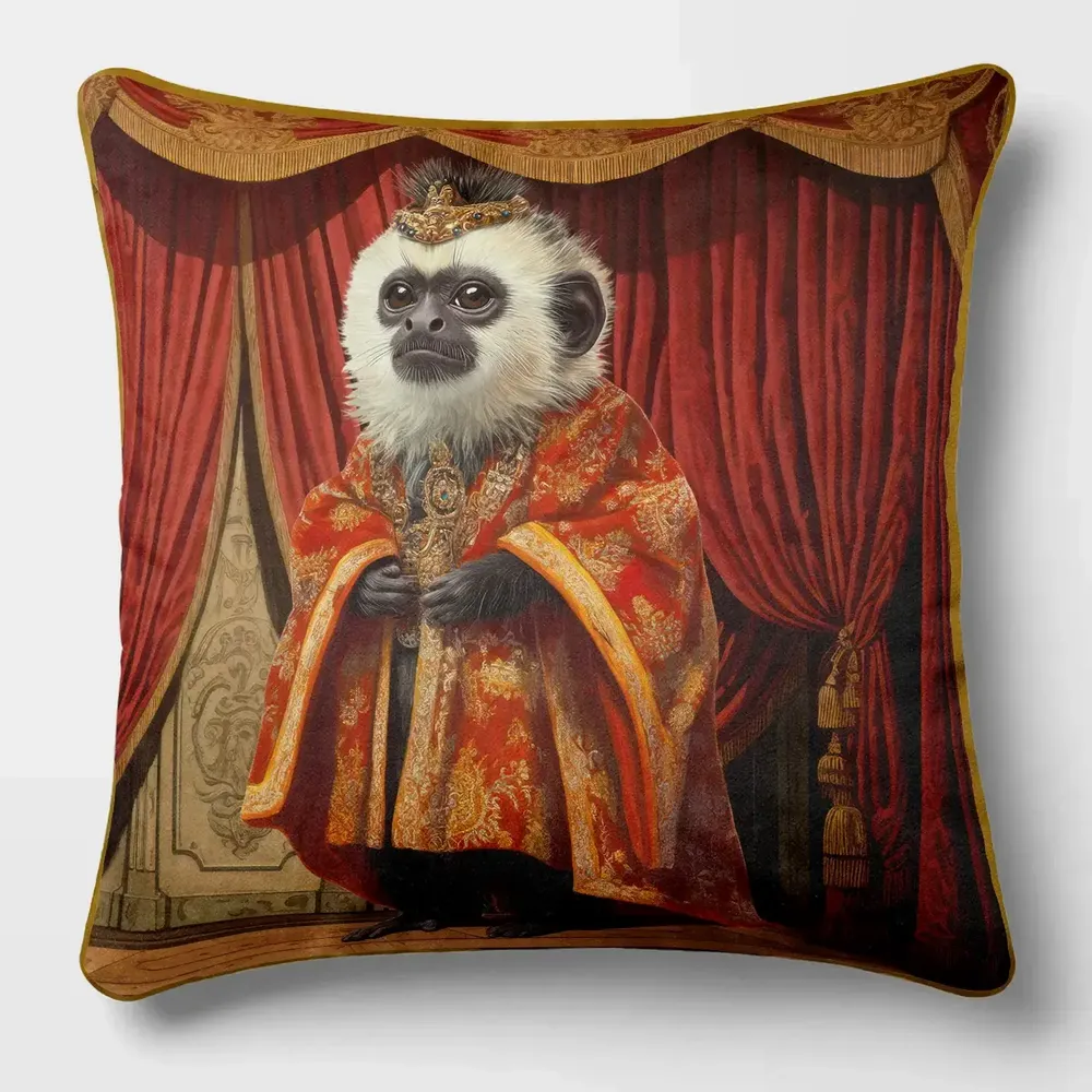 Linge - Bestiaire Aristocratique 27 (Le Marquis Ouistiti) — Housse Coussin Velours 45cm x 45cm - LAURE WELFLING - DJEBELI
