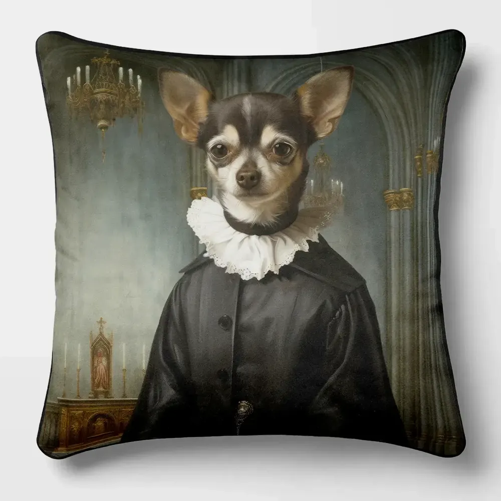 Linge - Bestiaire Aristocratique 28 (Vicaire Chihuahua) — Housse Coussin Velours 45cm x 45cm - LAURE WELFLING - DJEBELI