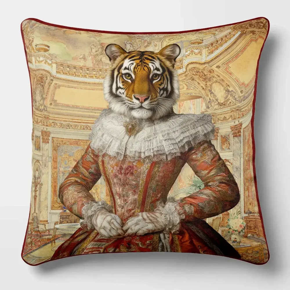 Linge - Bestiaire Aristocratique 30 (Princesse Tigresse) — Housse Coussin Velours 45cm x 45cm - LAURE WELFLING - DJEBELI
