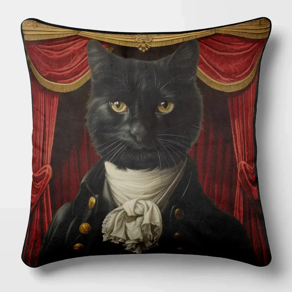 Linge - Bestiaire Aristocratique 36.2 (Chevalier du Chat Noir) — Housse Coussin Velours 45cm x 45cm - LAURE WELFLING - DJEBELI