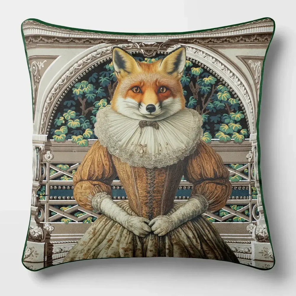 Linge - Bestiaire Aristocratique 38 (Lady Renard Roux) — Housse Coussin Velours 45cm x 45cm - LAURE WELFLING - DJEBELI