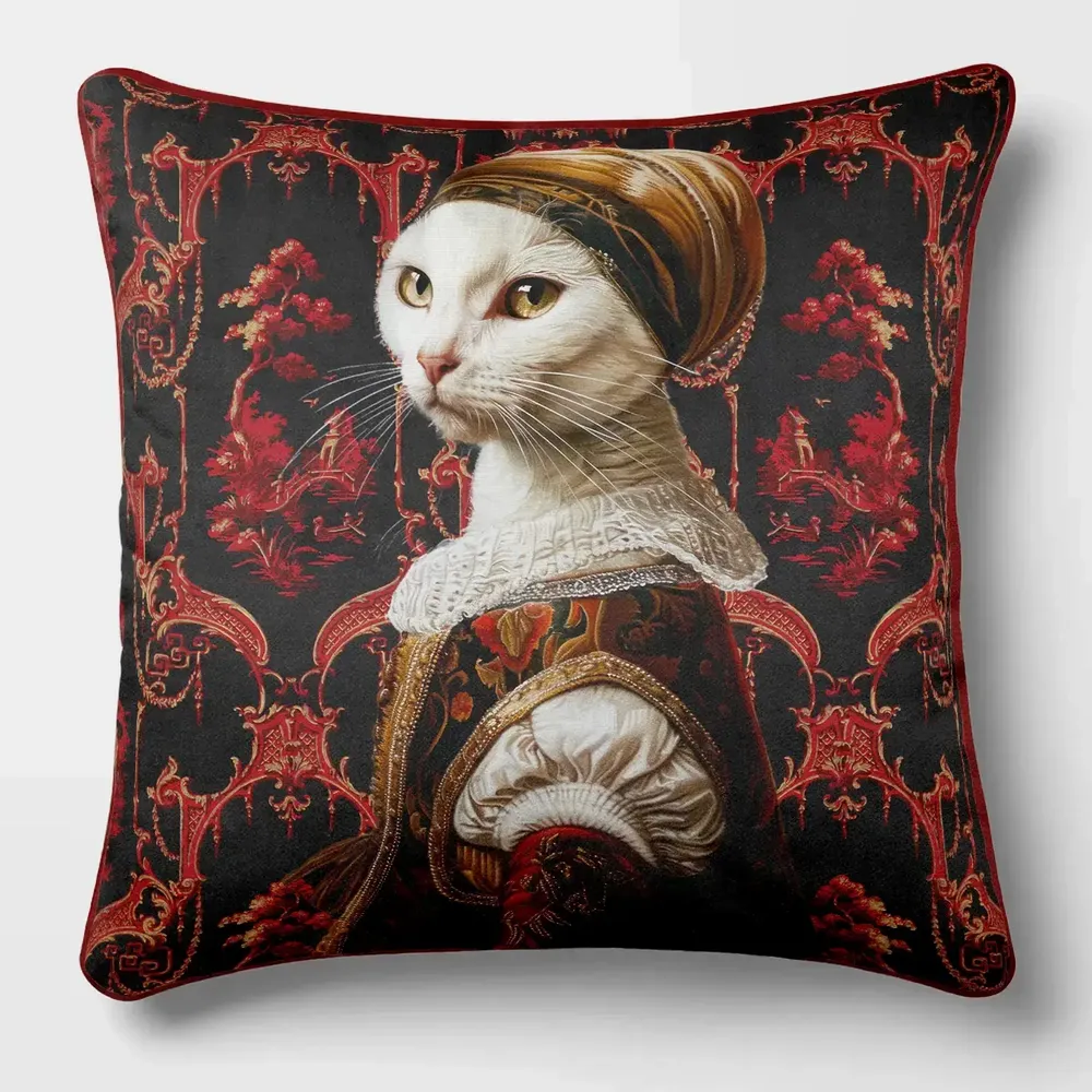 Linge - Bestiaire Aristocratique 44 (La Baronne Felidé) — Housse Coussin Velours 45cm x 45cm - LAURE WELFLING - DJEBELI