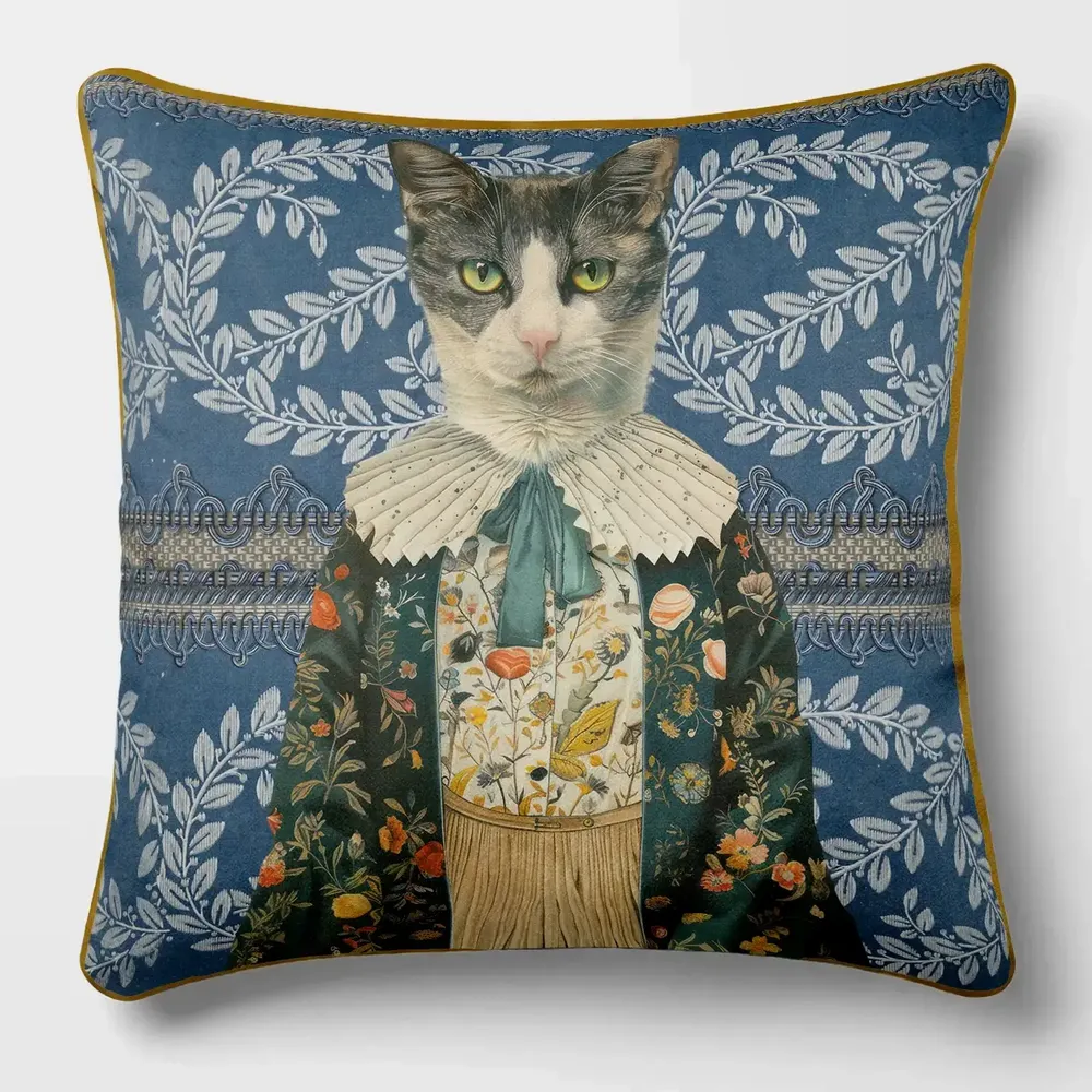 Linge - Bestiaire Aristocratique 46 (Le Vicomte Matou) — Housse Coussin Velours 45cm x 45cm - LAURE WELFLING - DJEBELI