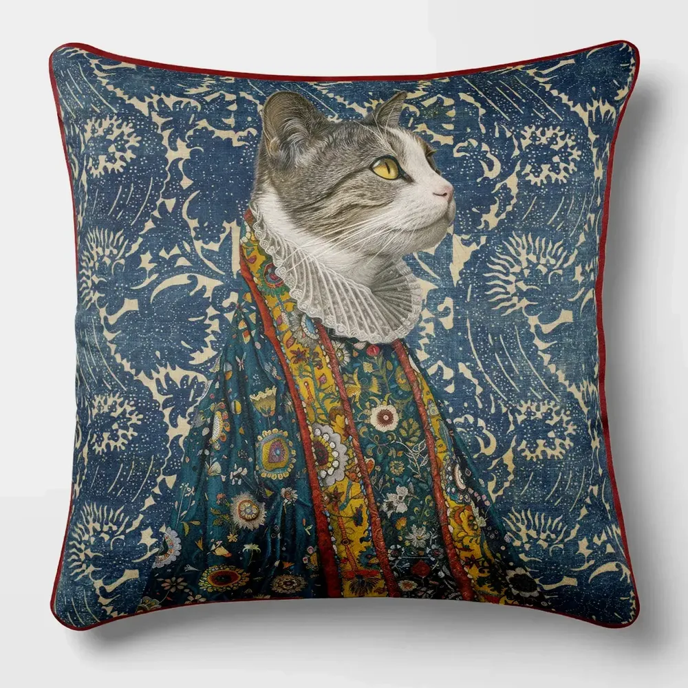 Linge - Bestiaire Aristocratique 47 (Le Marquis Chat) — Housse Coussin Velours 45cm x 45cm - LAURE WELFLING - DJEBELI