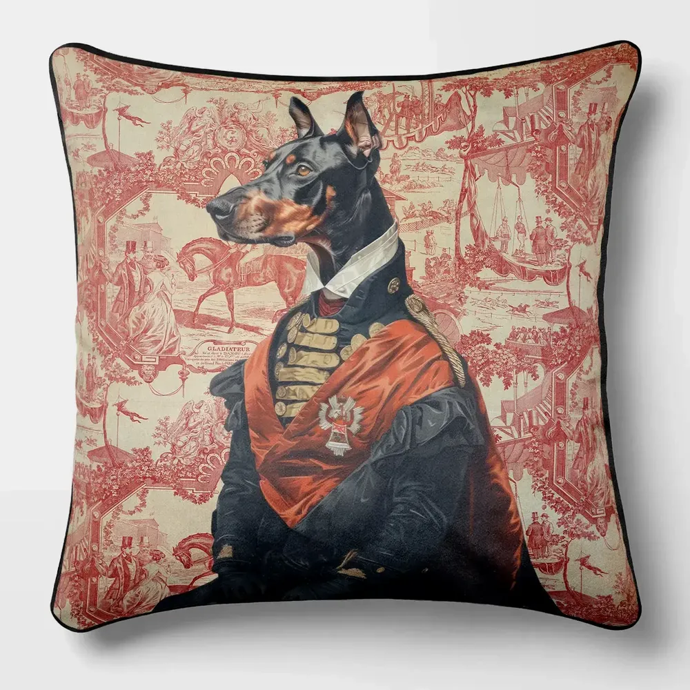 Linge - Bestiaire Aristocratique 51 (Le Colonel Doberman) — Housse Coussin Velours 45cm x 45cm - LAURE WELFLING - DJEBELI