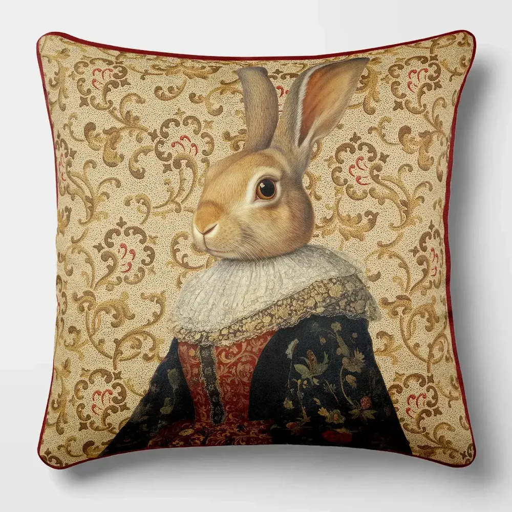 Linge - Bestiaire Aristocratique 52 (La Marquise Lapine) — Housse Coussin Velours 45cm x 45cm - LAURE WELFLING - DJEBELI