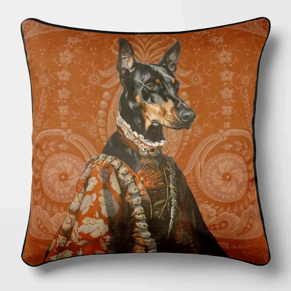 Linge - Bestiaire Aristocratique 54 (La Duchesse Doberman) — Housse Coussin Velours 45cm x 45cm - LAURE WELFLING - DJEBELI