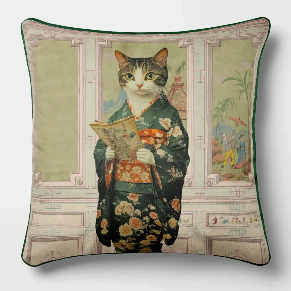 Linge - Bestiaire Aristocratique 56 (Geisha Chatte) — Housse Coussin Velours 45cm x 45cm - LAURE WELFLING - DJEBELI