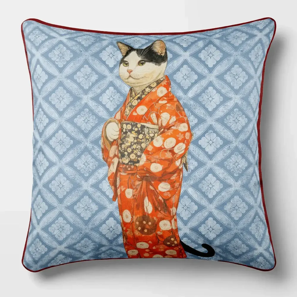 Linge - Bestiaire Aristocratique 58 (Chatte Geisha2) — Housse Coussin Velours 45cm x 45cm - LAURE WELFLING - DJEBELI