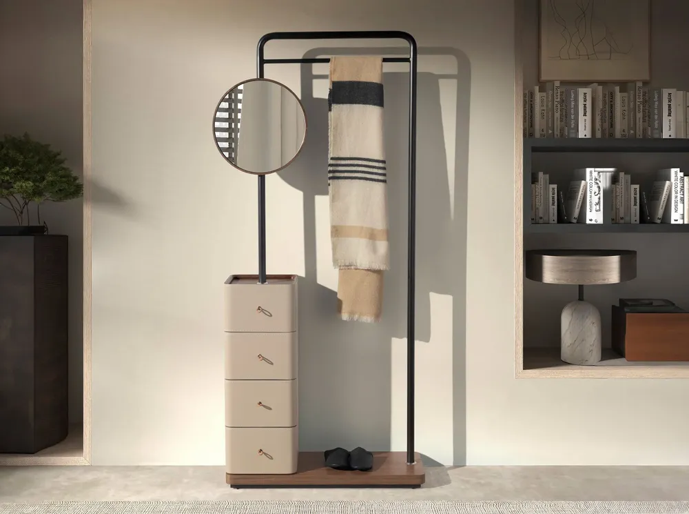 Armoires - Porte-manteau en similicuir vison, noyer et acier noir avec miroir - ANGEL CERDÁ