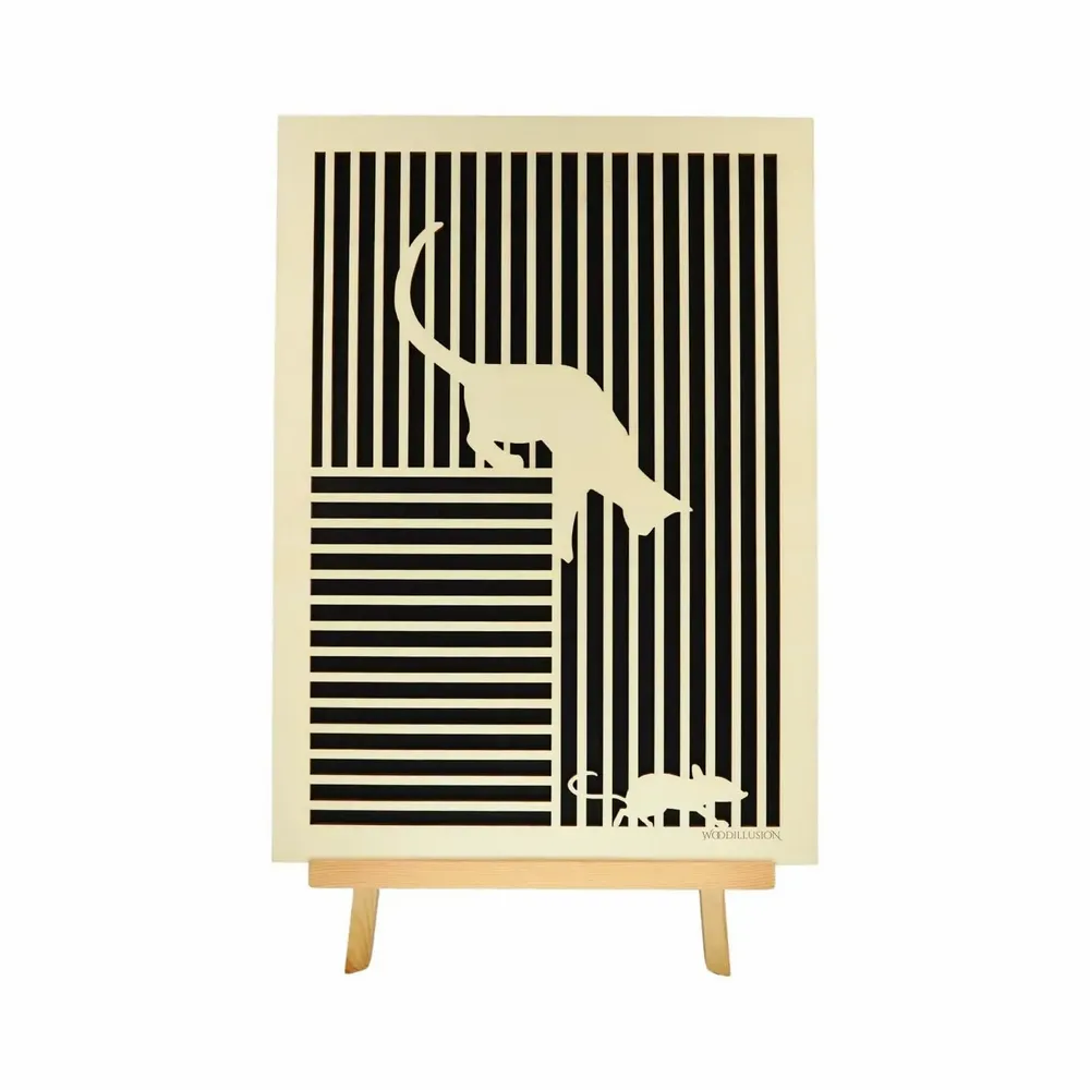 Paintings - Wooden Cat With Mouse Wall Art 2 - WOODILLUSION