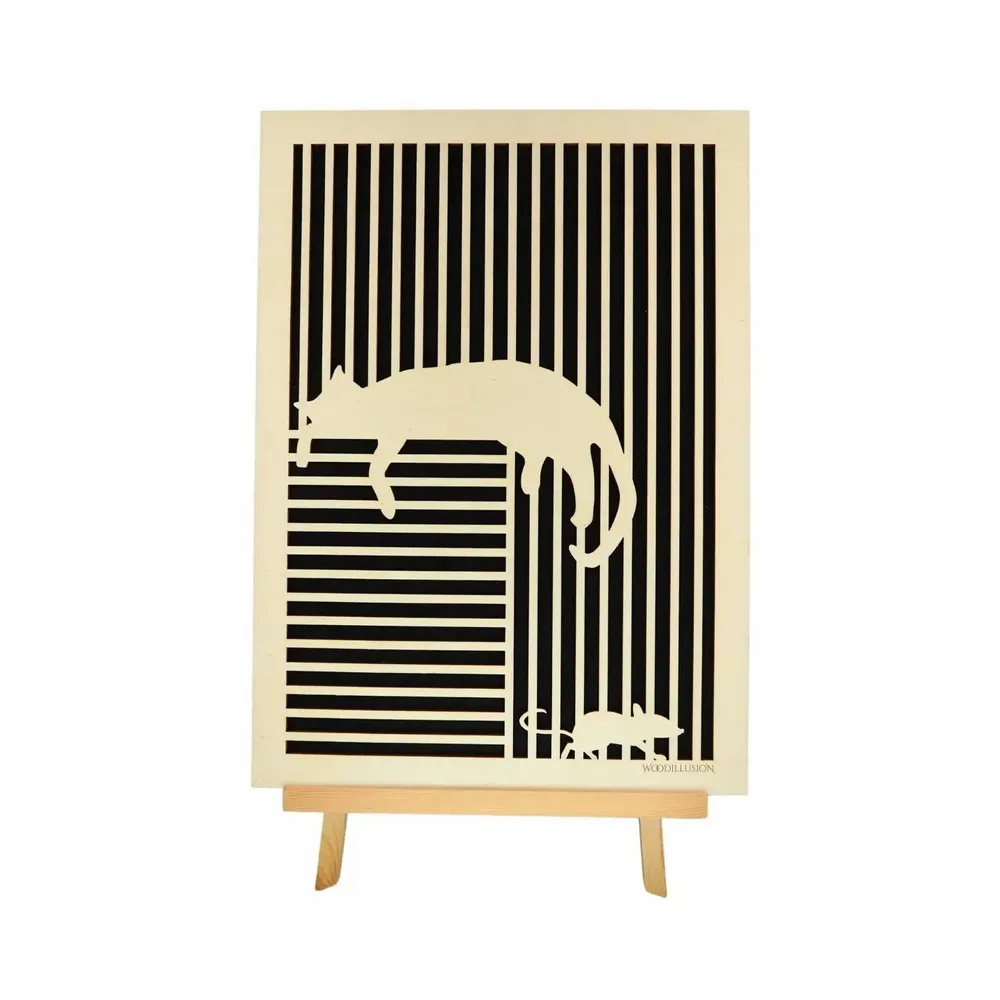 Paintings - Wooden Cat With Mouse Wall Art 3 - WOODILLUSION