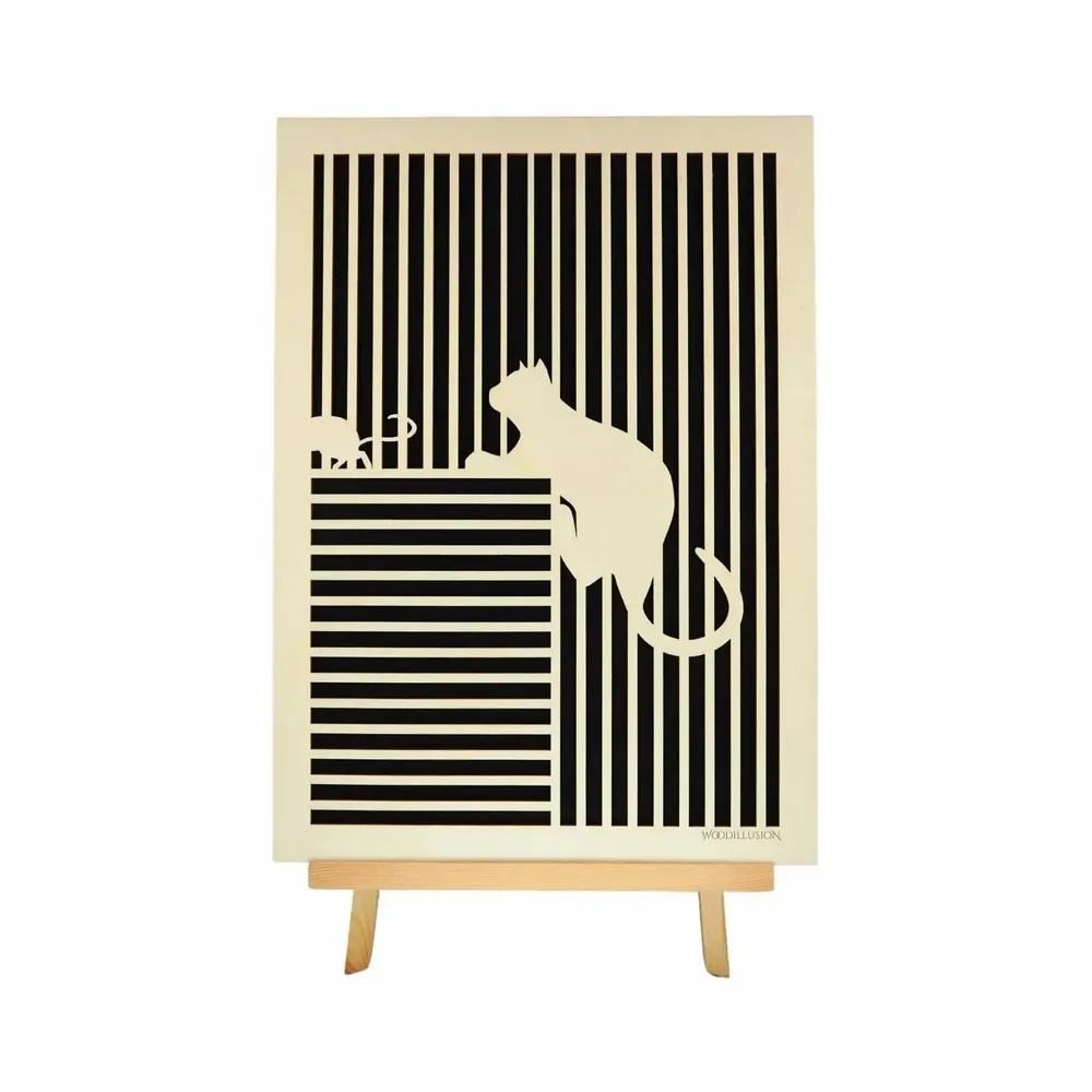 Paintings - Wooden Cat With Mouse Wall Art 6 - WOODILLUSION