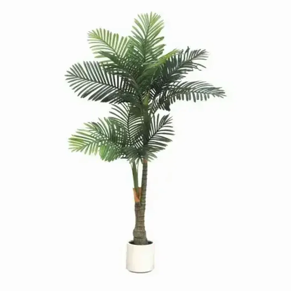 Floral decoration - Artificial palm, 2 trunks, white plastic pot - LIGNE DÉCO