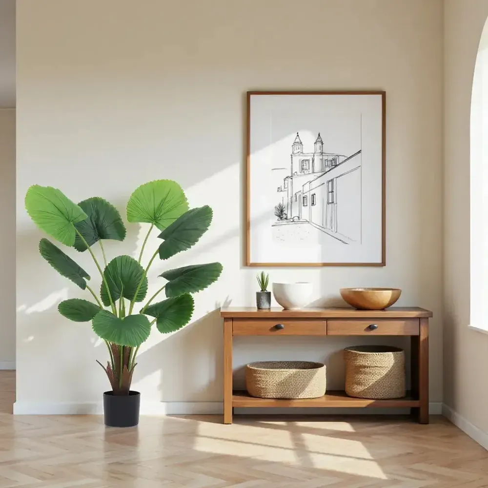 Floral decoration - Artificial palm, 10 leaves, plastic pot - LIGNE DÉCO