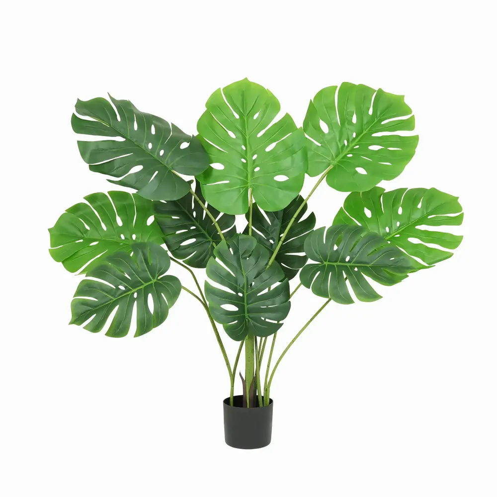 Floral decoration - Artificial monstera, 10 leaves, “real touch”, black plastic pot - LIGNE DÉCO