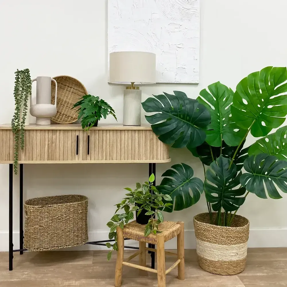 Floral decoration - Artificial monstera, 10 leaves, “real touch”, black plastic pot - LIGNE DÉCO