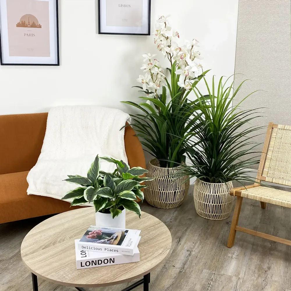 Floral decoration - Artificial cymbidium, 30 flowers, 60 leaves, white pot - LIGNE DÉCO