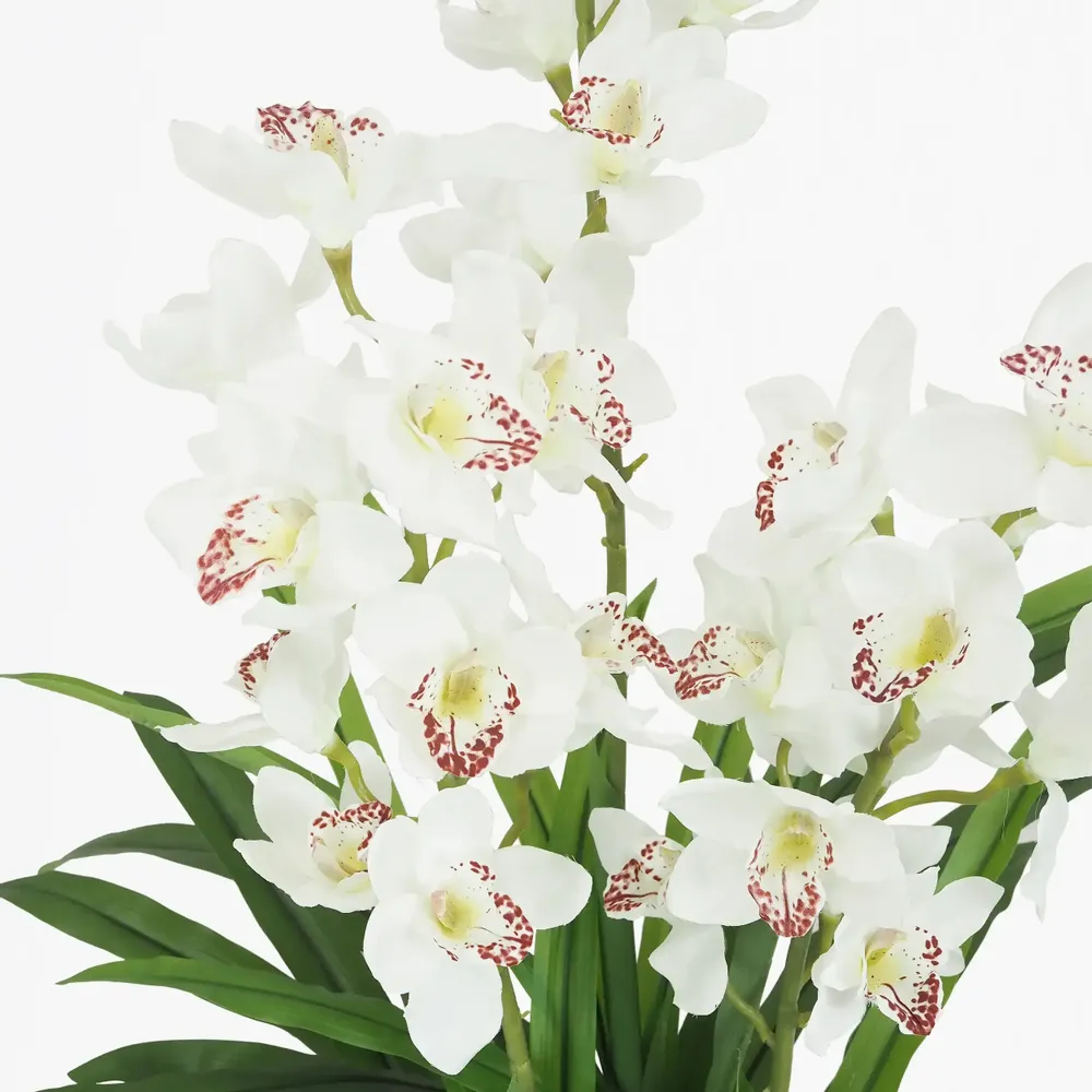 Floral decoration - Artificial cymbidium, 30 flowers, 60 leaves, white pot - LIGNE DÉCO