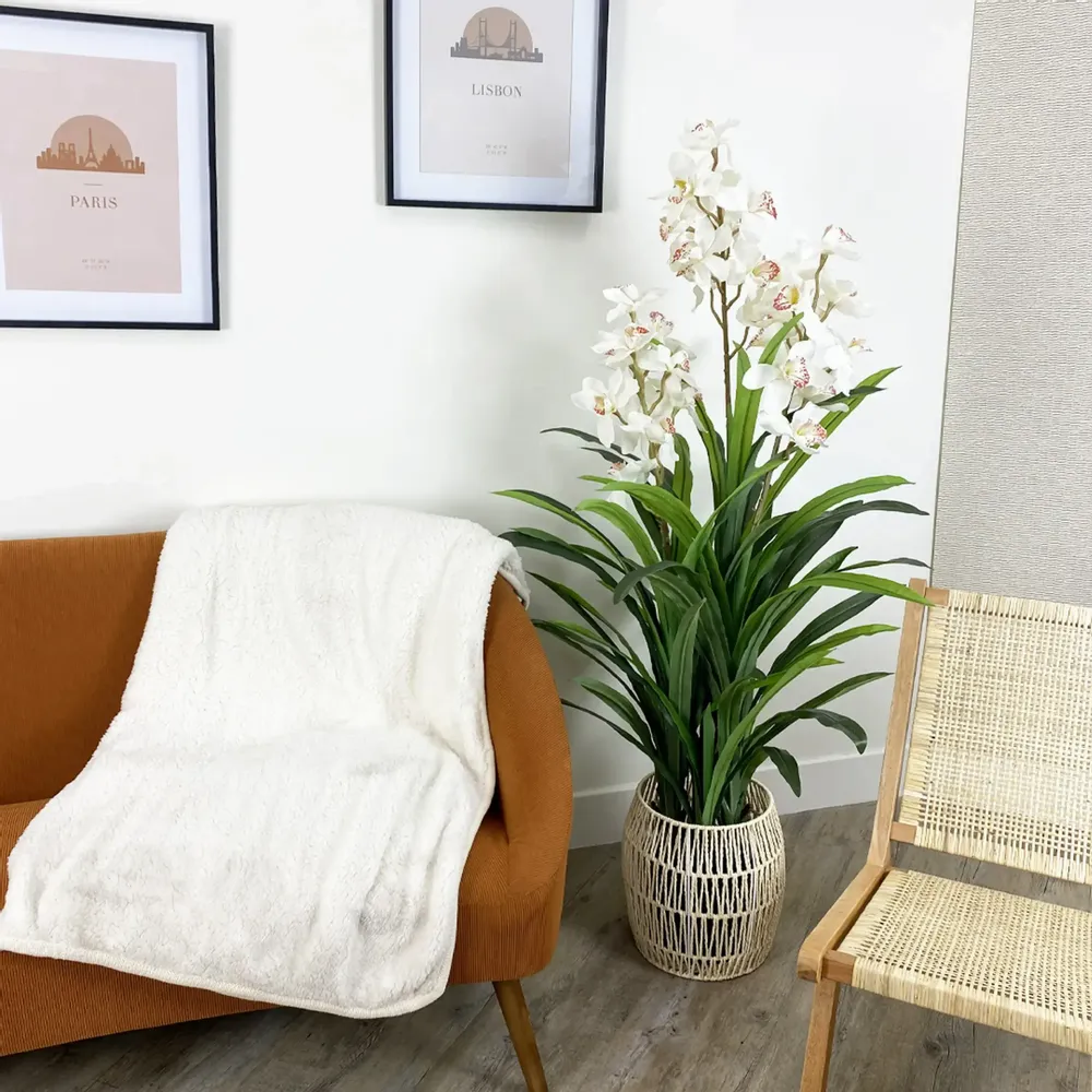 Floral decoration - Artificial cymbidium, 30 flowers, 60 leaves, white pot - LIGNE DÉCO