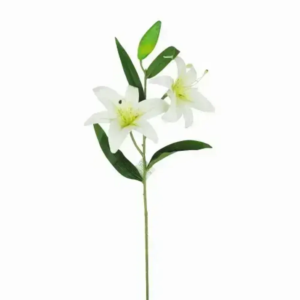 Floral decoration - Artificial lily stem – 2 flowers and 1 bud – White - LIGNE DÉCO
