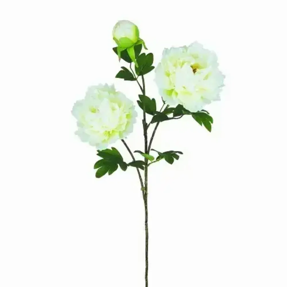 Floral decoration - Artificial peony stem – 2 flowers and 1 bud – White - LIGNE DÉCO