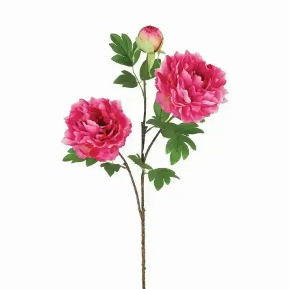 Floral decoration - Artificial peony stem – 2 flowers and 1 bud – Pink - LIGNE DÉCO