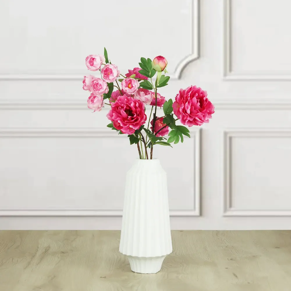 Floral decoration - Artificial peony stem – 2 flowers and 1 bud – Pink - LIGNE DÉCO
