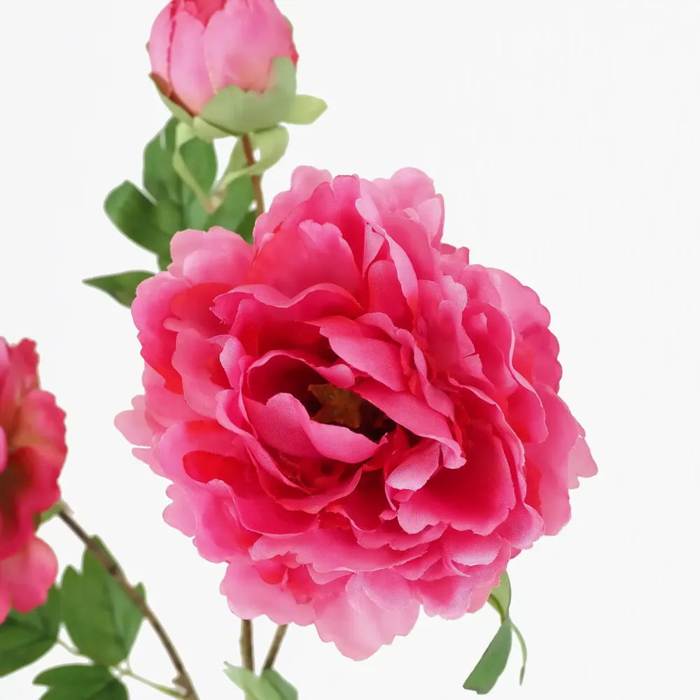 Floral decoration - Artificial peony stem – 2 flowers and 1 bud – Pink - LIGNE DÉCO