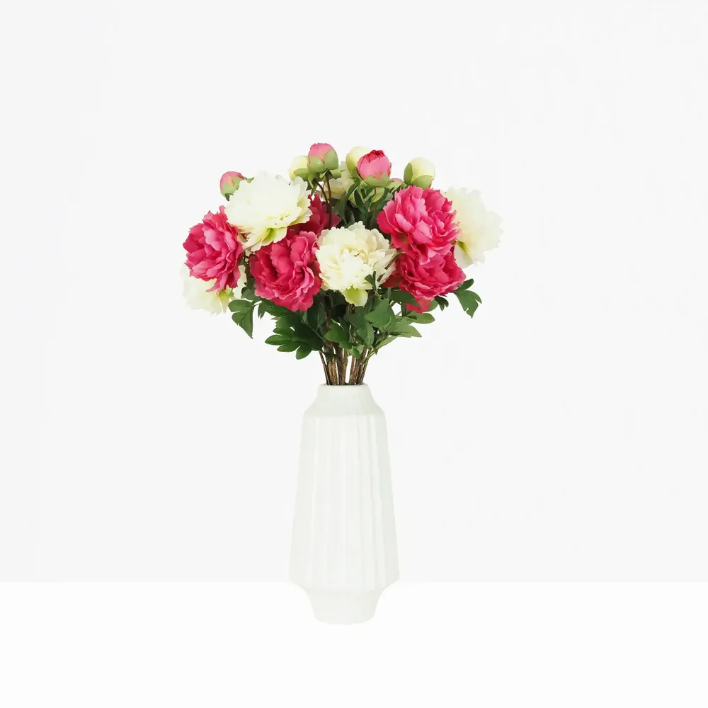 Floral decoration - Artificial peony stem – 2 flowers and 1 bud – Pink - LIGNE DÉCO