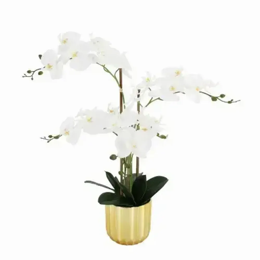 Floral decoration - Artificial orchid, 5 branches, gold plastic pot - LIGNE DÉCO