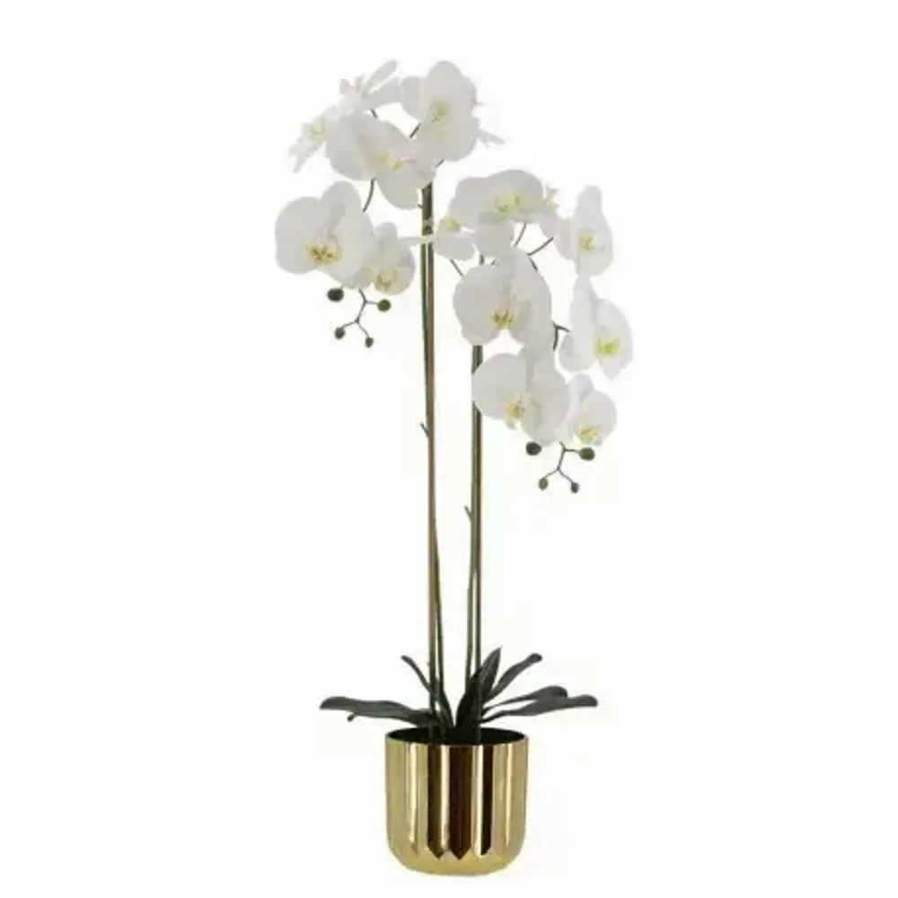 Floral decoration - Artificial orchid, 16 flowers, gold plastic pot – H100 cm - LIGNE DÉCO