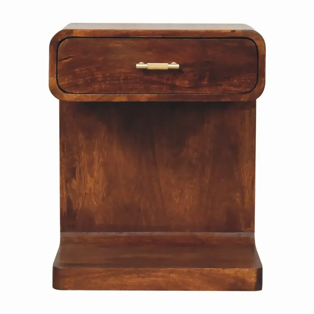 Tables de nuit - Table de Chevet Arrondie en Bois Massif Chestnut avec Barre en T, 1 Tiroir et Espace Ouvert, Brun Foncé - ARTISAN FURNITURE