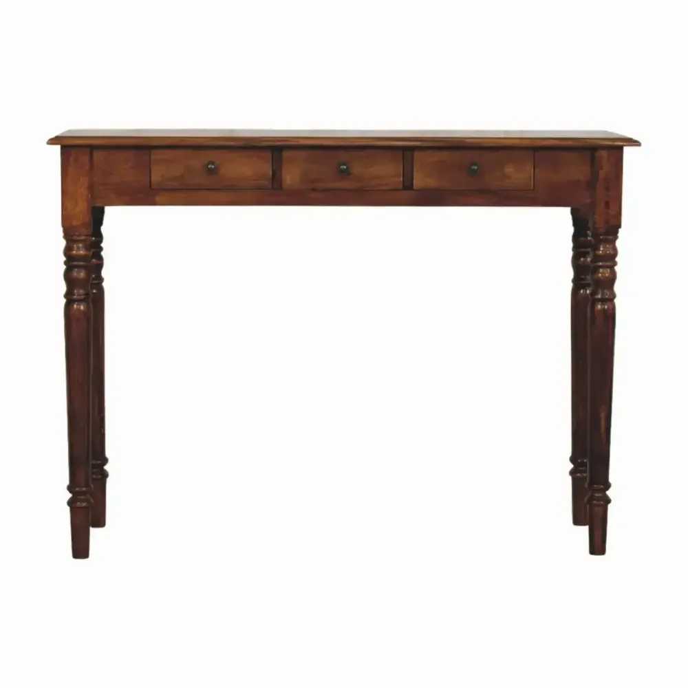 Console table - Solid Wood Turned Legs Chestnut Console, 3 Drawers, Dark Brown - ARTISAN FURNITURE