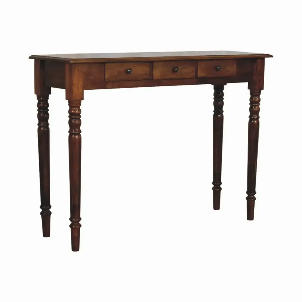 Console table - Solid Wood Turned Legs Chestnut Console, 3 Drawers, Dark Brown - ARTISAN FURNITURE