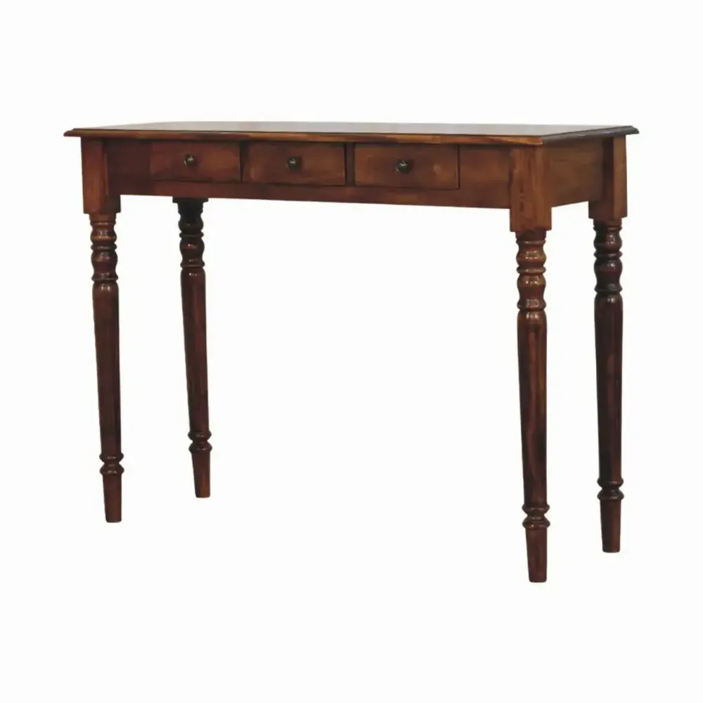Console table - Solid Wood Turned Legs Chestnut Console, 3 Drawers, Dark Brown - ARTISAN FURNITURE