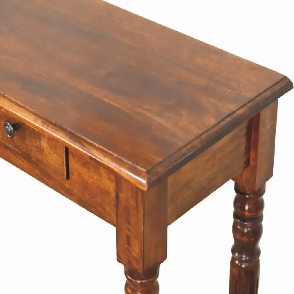 Console table - Solid Wood Turned Legs Chestnut Console, 3 Drawers, Dark Brown - ARTISAN FURNITURE