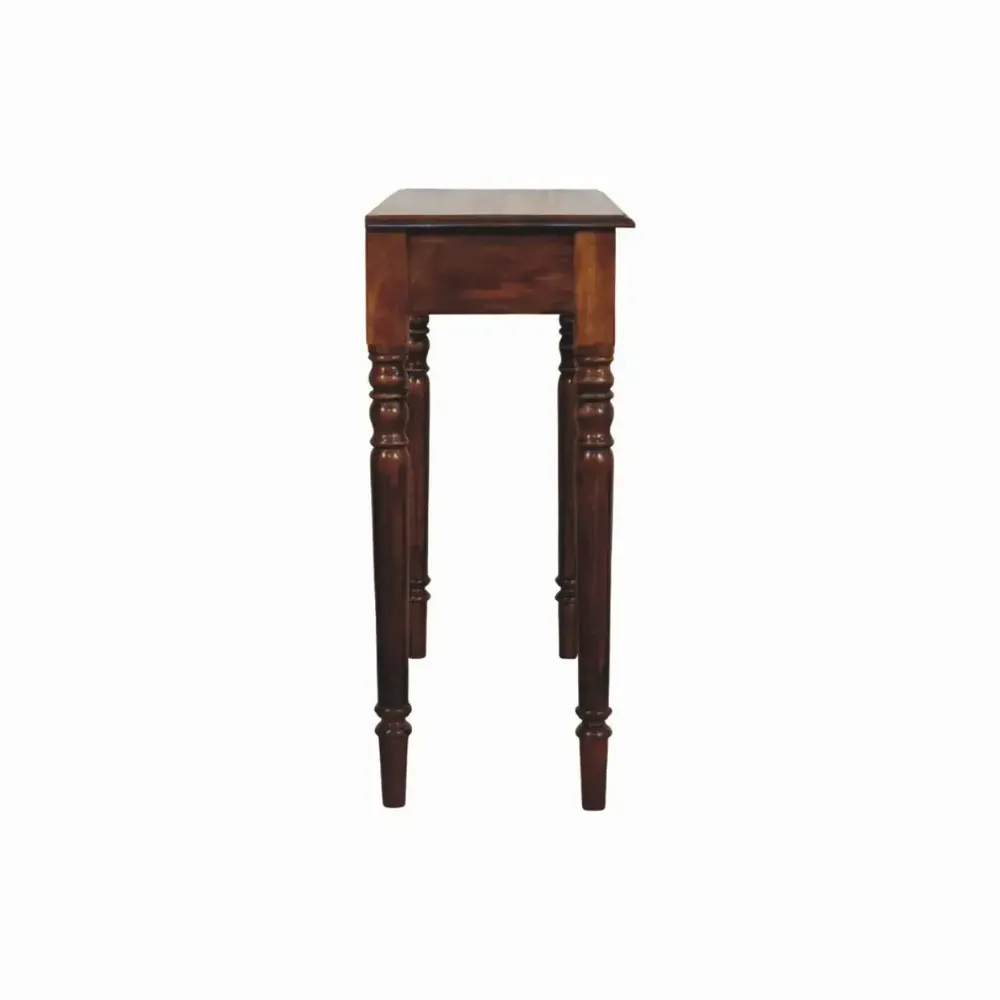 Console table - Solid Wood Turned Legs Chestnut Console, 3 Drawers, Dark Brown - ARTISAN FURNITURE