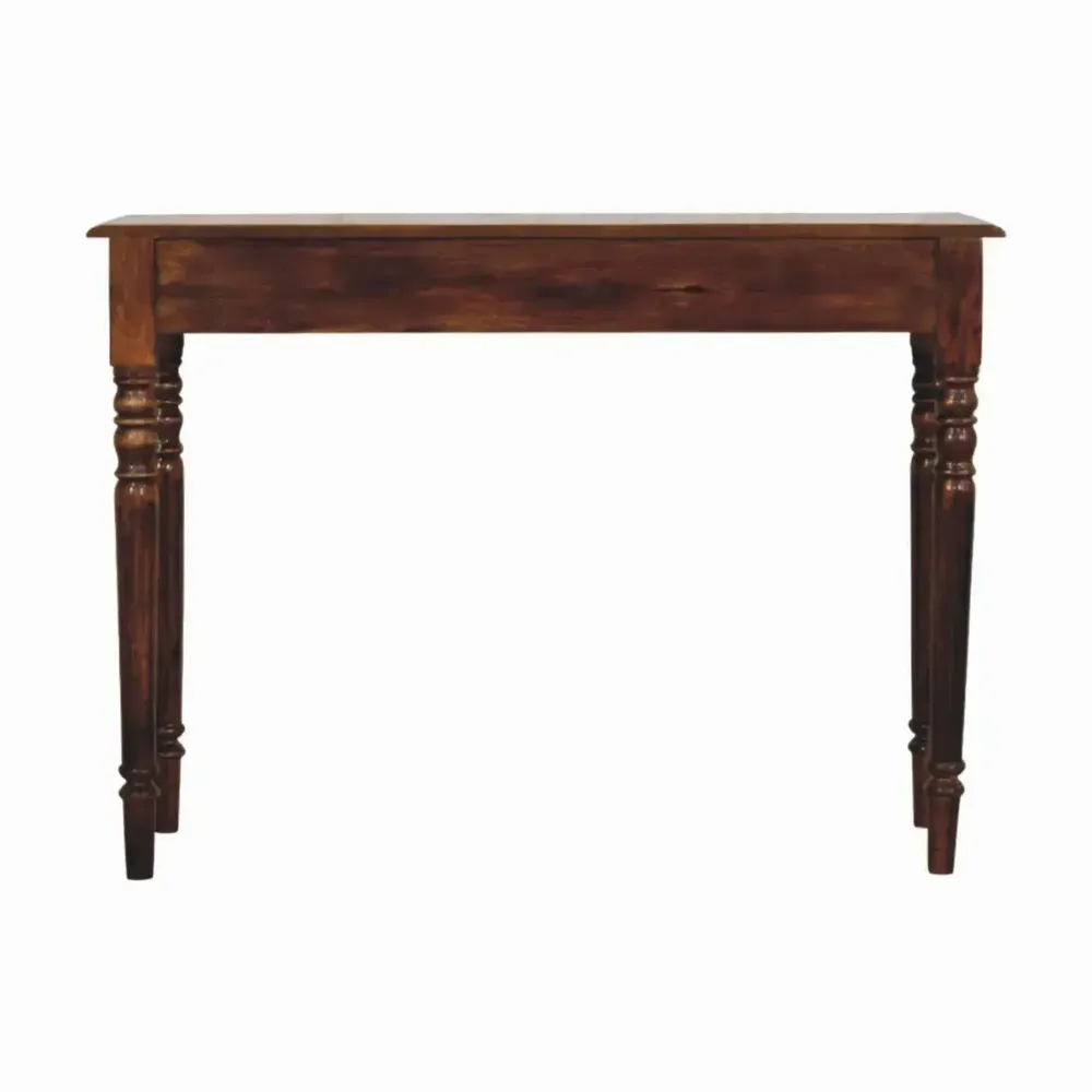 Console table - Solid Wood Turned Legs Chestnut Console, 3 Drawers, Dark Brown - ARTISAN FURNITURE