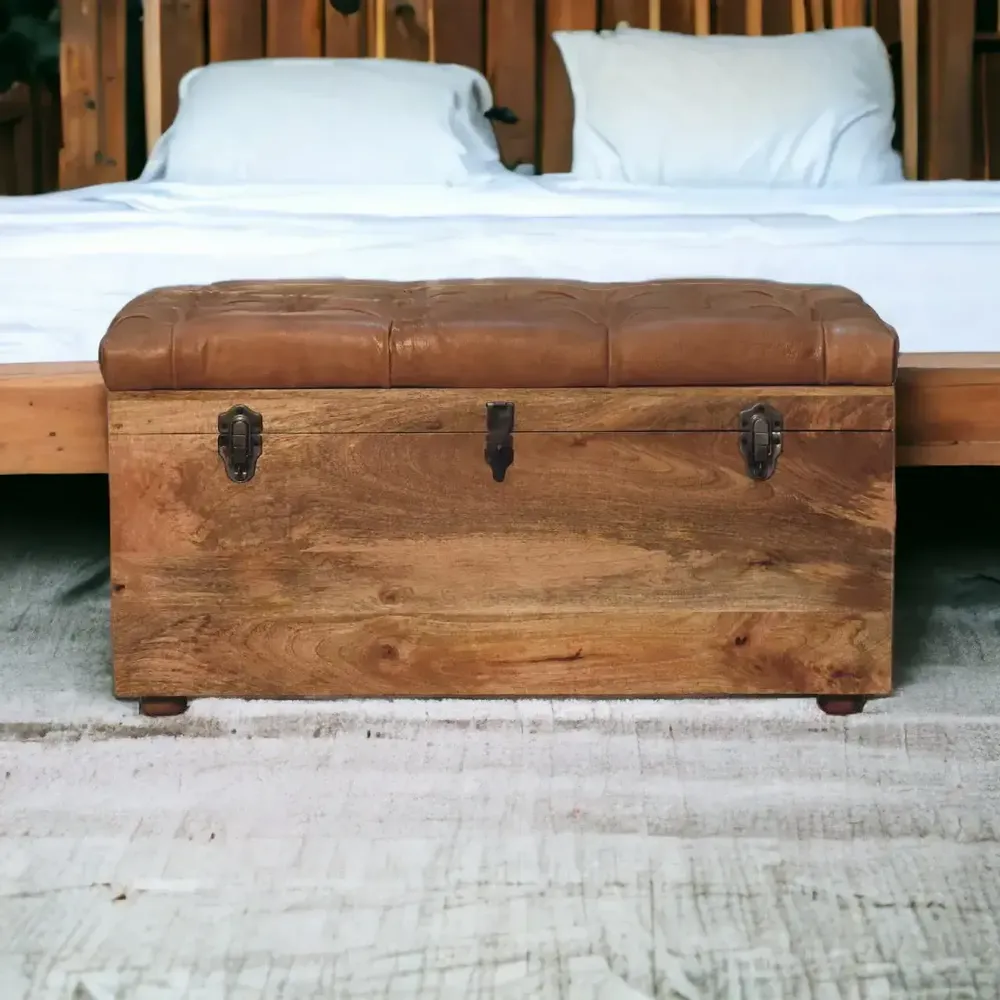 Boîtes de rangement  - Coffre de Rangement en Cuir Buffalo et Bois Massif Oak-ish, Ouverture par le Dessus, Marron - ARTISAN FURNITURE