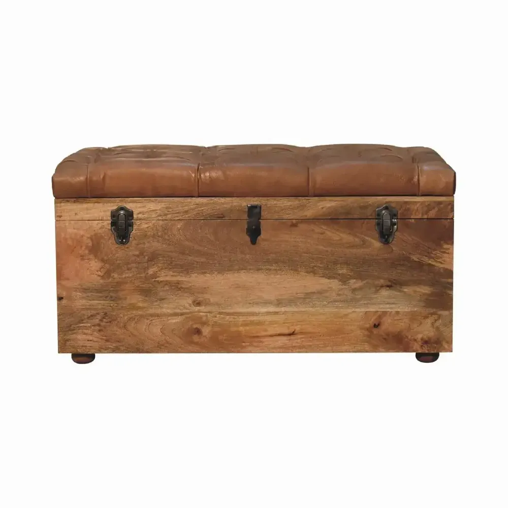 Boîtes de rangement  - Coffre de Rangement en Cuir Buffalo et Bois Massif Oak-ish, Ouverture par le Dessus, Marron - ARTISAN FURNITURE