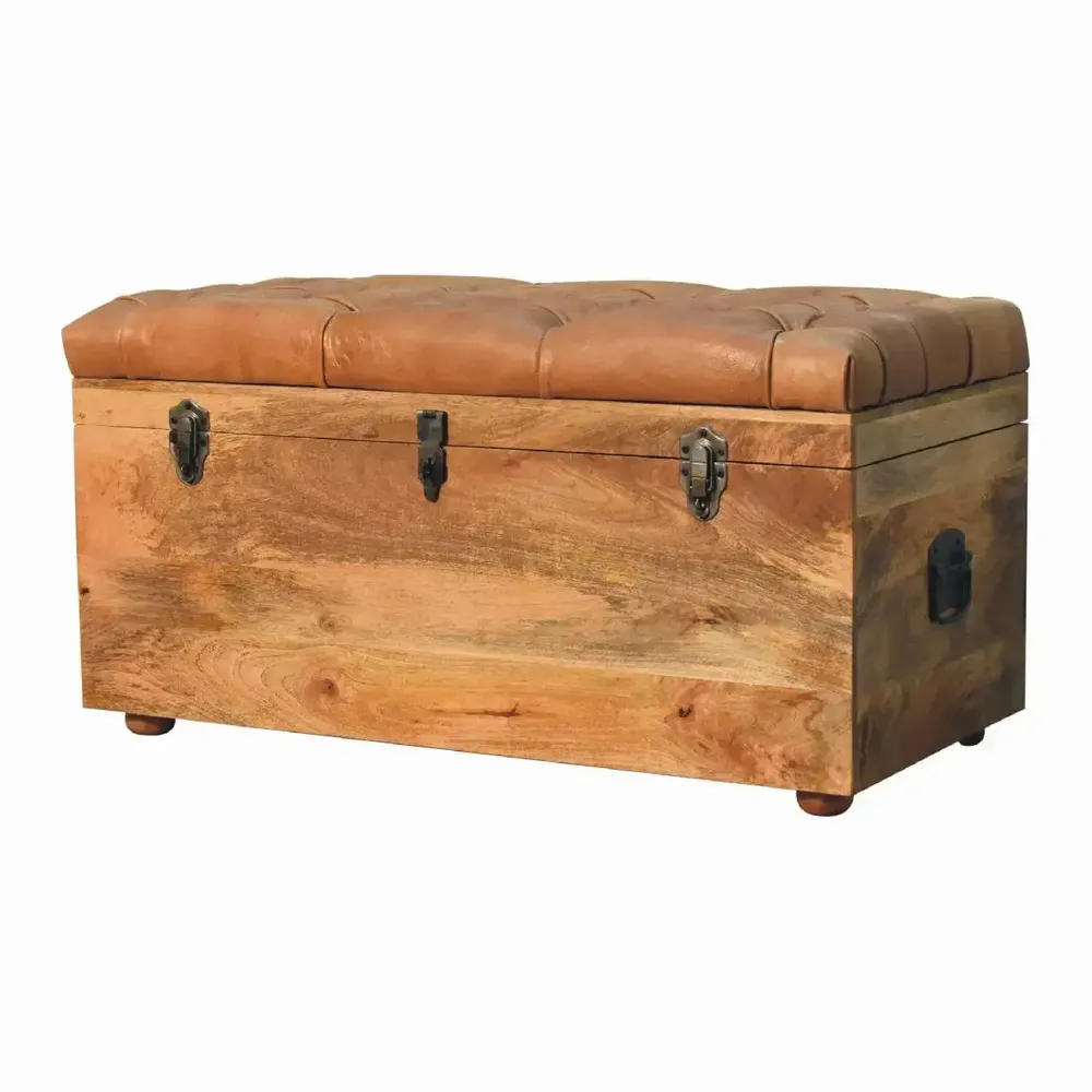 Boîtes de rangement  - Coffre de Rangement en Cuir Buffalo et Bois Massif Oak-ish, Ouverture par le Dessus, Marron - ARTISAN FURNITURE