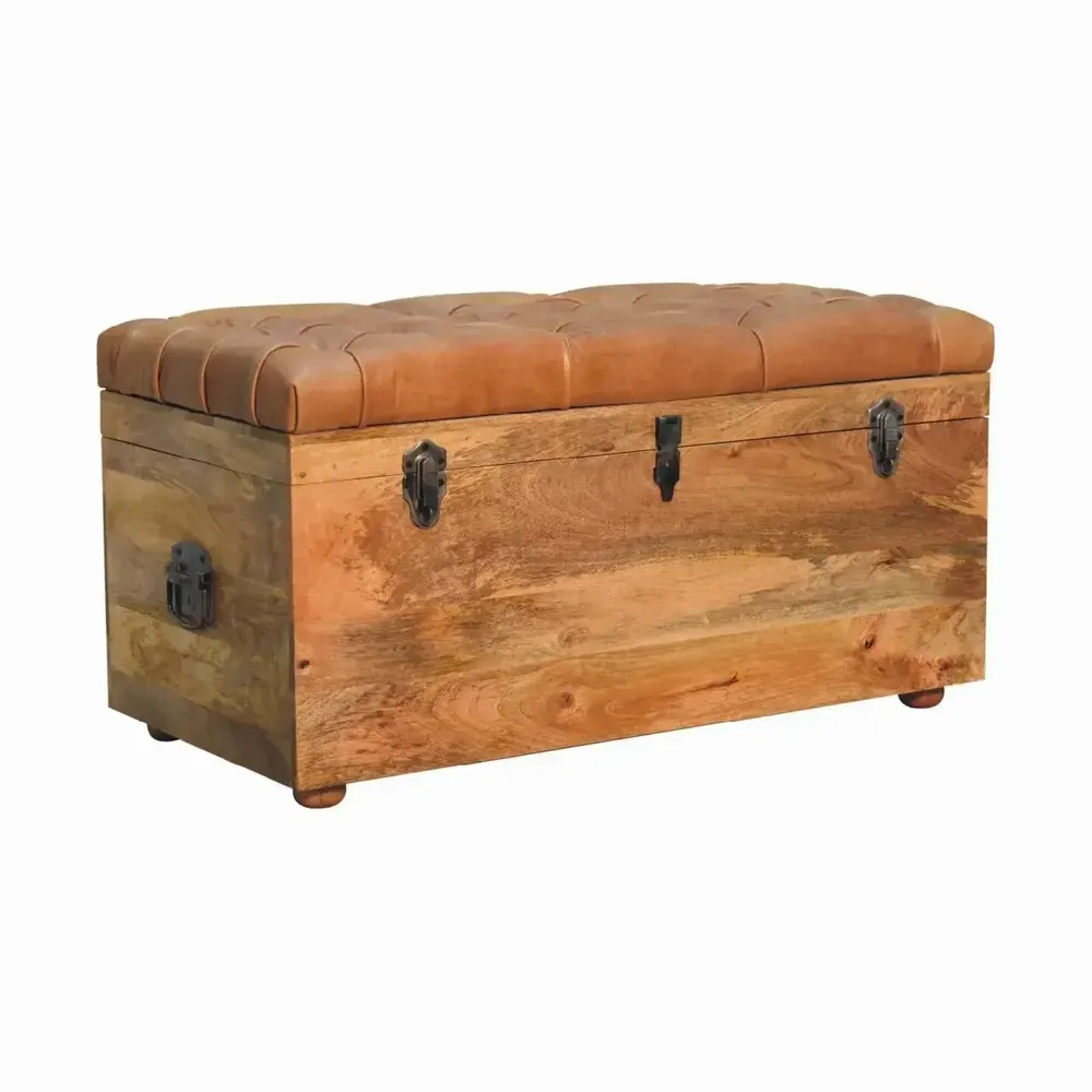 Boîtes de rangement  - Coffre de Rangement en Cuir Buffalo et Bois Massif Oak-ish, Ouverture par le Dessus, Marron - ARTISAN FURNITURE